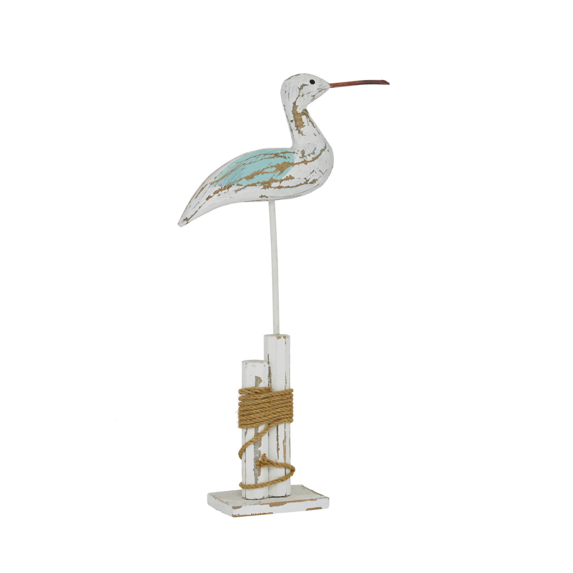 Coastal White Wood and Jute Seabird Sculpture, 21" x 12" x 3"